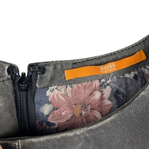 HUGO BOSS DISTRESSED LEATHER SLEEVELESS EMBROIDERED FITTED SHEATH MINI DRESS - Picture 14 of 15